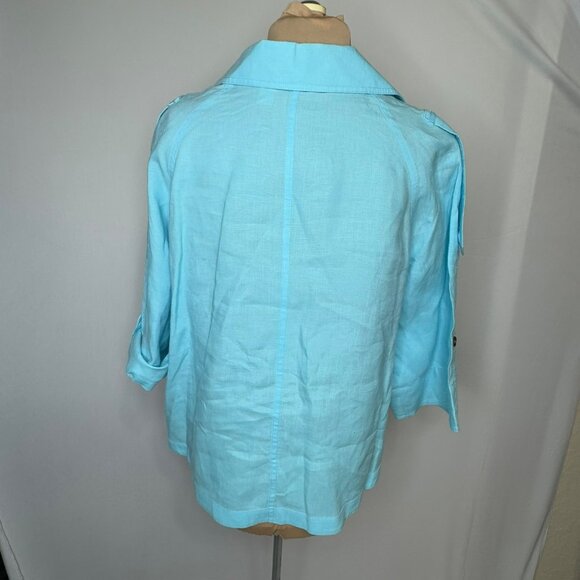 Chicos Womens Size 3 Cropped Linen Trench Jacket Light Blue Adjustable Sleeves - Picture 11 of 13